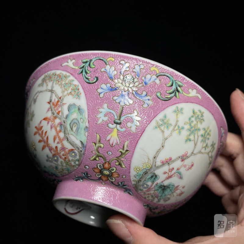 清道光 粉地轧道洋彩开光丹桂飘香纹膳碗 - 图11